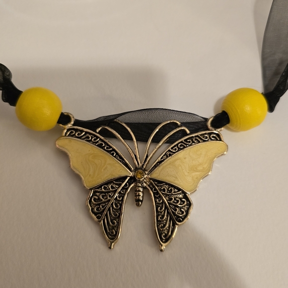 HANDCRAFTED Upcycled Black & Yellow Butterfly Necklace Choker HANDMADE Jewelry - Picture 5 of 14